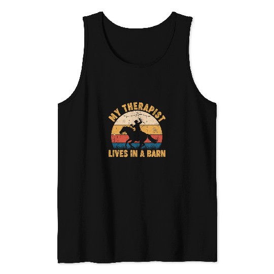 Mens Rodeo My Therapist Lives In Barn Western Cowboy Horse Riding Tank Tops