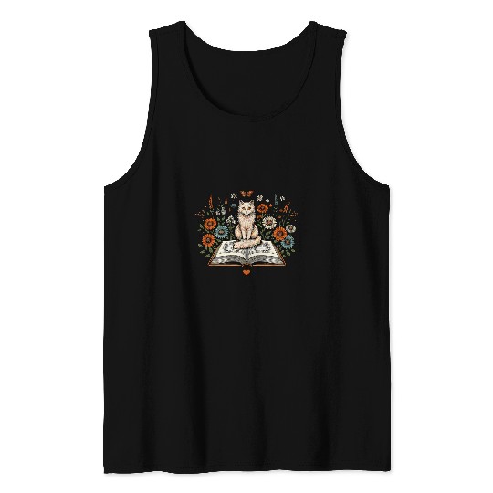 Book Cottagecore Flowers Reading Library Librarian Cat Tank Tops