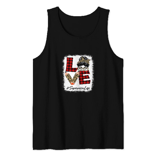 Supervisor Love Messy Bun Leopard Buffalo Back To School Tank Tops