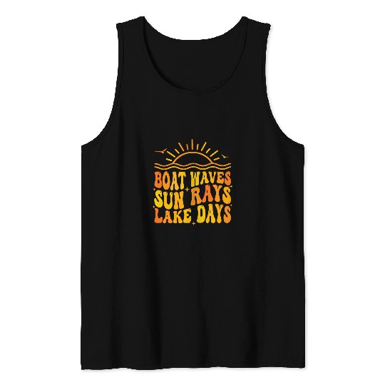 Funny Retro Boat Waves Sun Rays Lake Days Summer Sunset Tank Tops