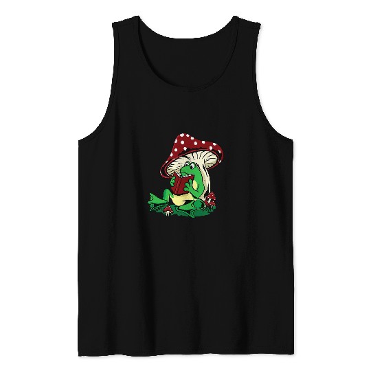 Cottagecore Aesthetic Kawaii Frog Reading A Book Mushroom Tank Tops