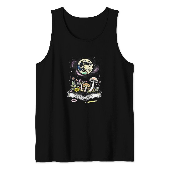 Cottagecore Mushrooms Moon Book Reader Tank Tops