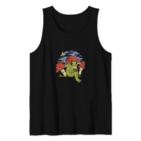 Book Fan Frog with Mushroom Hat Cottagecore Goblincore Tank Tops