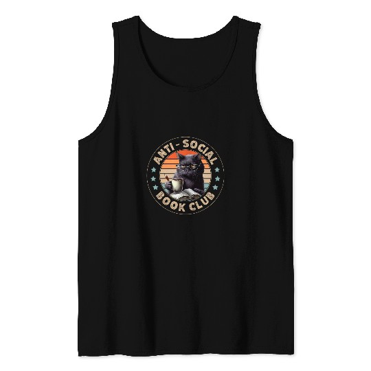 Funny Sarcastic antis Social Book Club Cat Coffee Book Lover Tank Tops