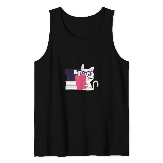 Book Lover Kitty Mom Ladies Teacher Reading Bookworm Cat Tank Tops