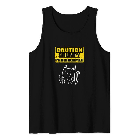 Working Caution Grumpy Programmer Colleague Sarcastic Cat Tank Tops