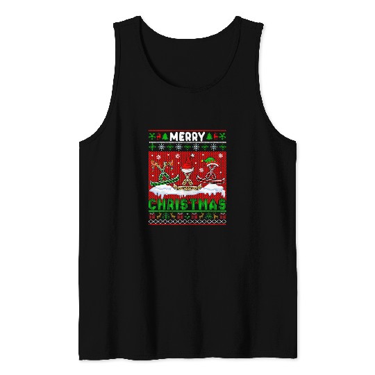 Merry Christmas Plaid Three Santa Reindeer Elf Canoes Tank Tops