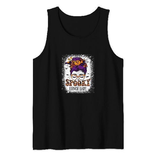 Spooky Lunch Lady Halloween Messy Hair Woman Bun Bleached Tank Tops