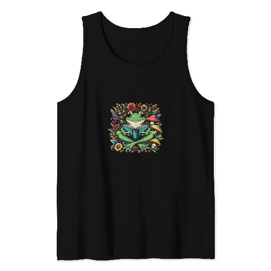 Cute Cottagecore Wildflower Mushroom Frog Read Book Bookworm Tank Tops