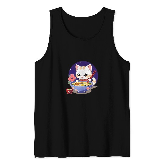 Anime Ramen Cat Retro Japanese Noodles Aesthetic Kawaii Cat Tank Tops