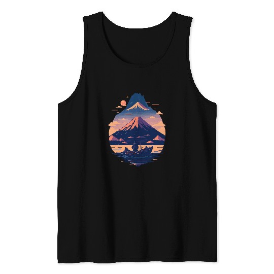Sunset River Voyage Serene Boat and Mount Fuji Scenery Tank Tops