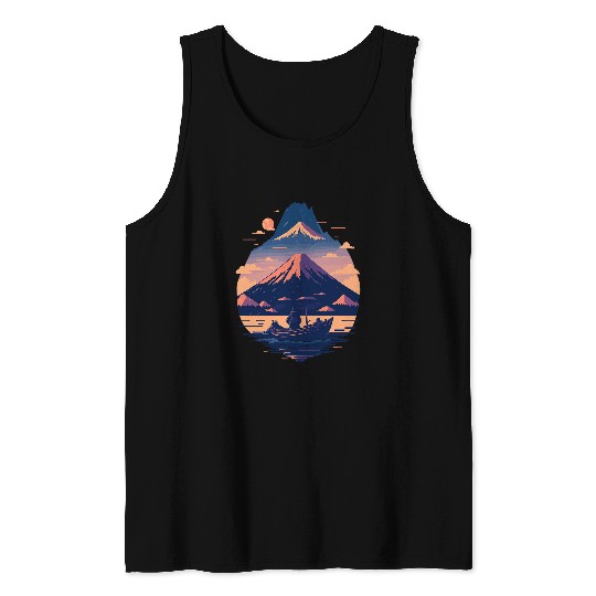 Sunset River Voyage Serene Boat and Mount Fuji Scenery Tank Tops