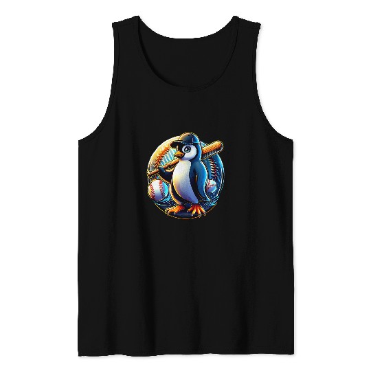 Funny Lets Go Penguin Playing Baseball Tank Tops