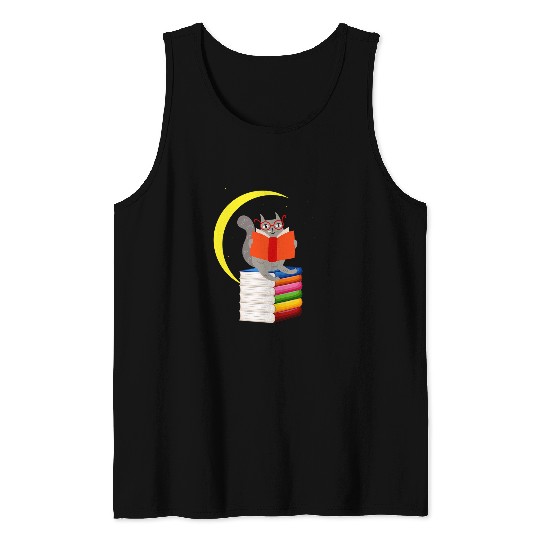 Reading Book Reader Books Cat Moon Tank Tops