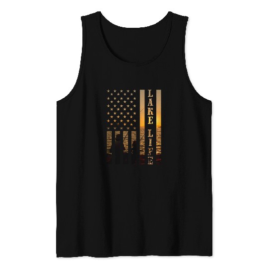 sunset lake life fisherman american flag fishing boat lover Tank Tops