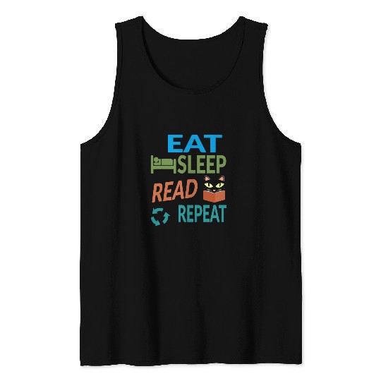 Cute Kitty Cat Face Eat Sleep Read Repeat Tank Tops