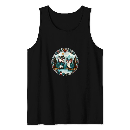 Owl Wilderness Book Reading Illustration Floral Tank Tops