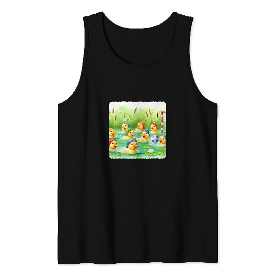 Ducks Playing Water Polo In Pond Caps Energetic Playful Tank Tops