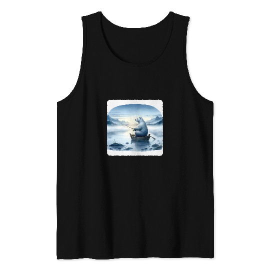 Ice Bear Fishing By A Misty Lake Dawn Serene Timber Boat 1 Tank Tops