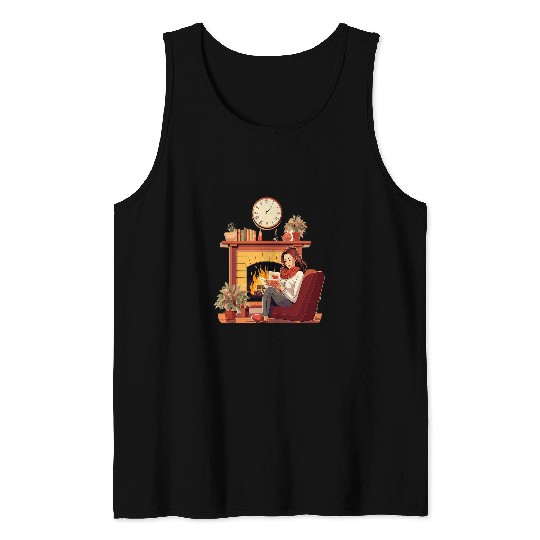 Book Reading In Fireplace Reader Bookworm Girls Women 1 Tank Tops