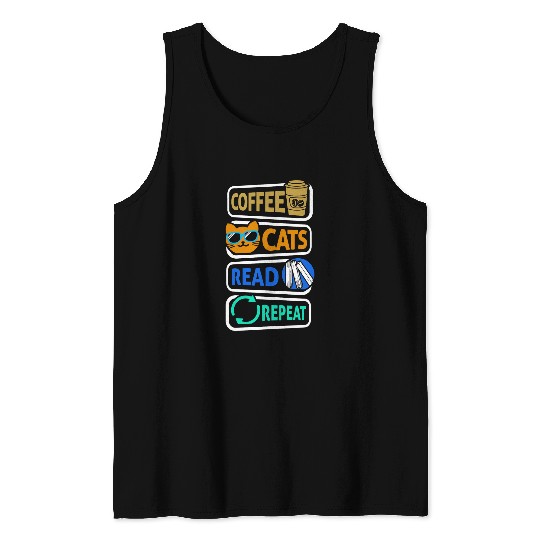 Reading Coffee Cats Read Repeat Book Reader Cat Owner Tank Tops