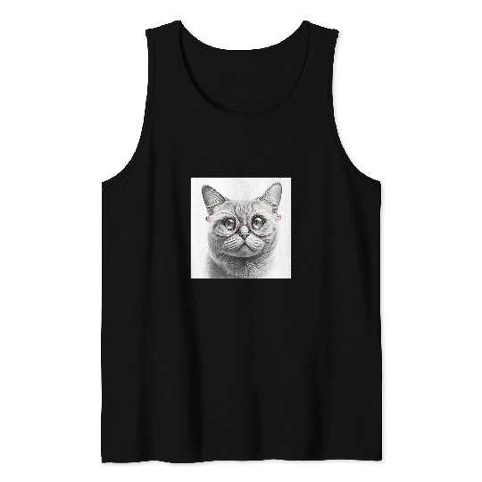 Pencil Drawing of Curious Cat Wearing Light Pink Glasses Tank Tops
