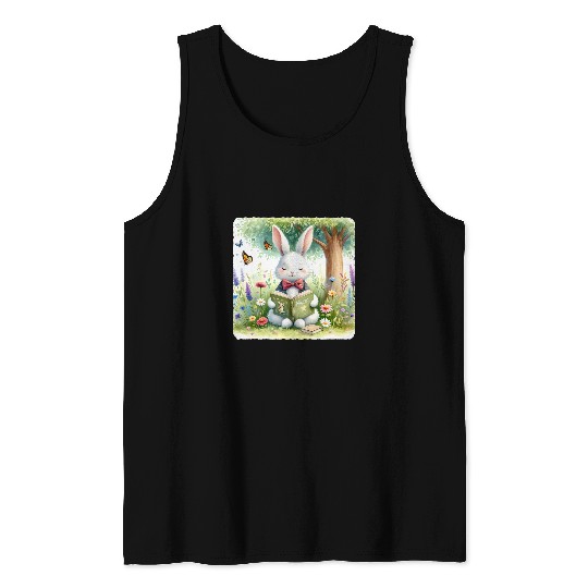 Rabbit In Bow Tie Reads Spell Book In Meadow Reading Tank Tops