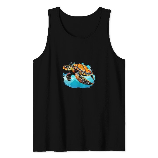 A pop art Drawing of a cute sea turtle swimming Tank Tops