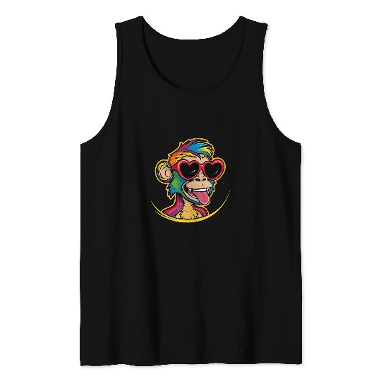 Cute Monkey Rainbow Wearing Glasses Puppy Love Monkey Tank Tops