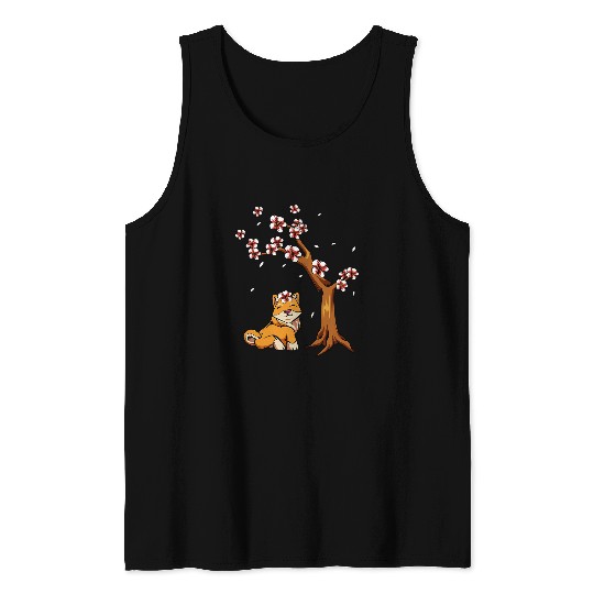Cherry Tree Japanese Dog Asian Fan Retro Art Kawaii Shiba Tank Tops