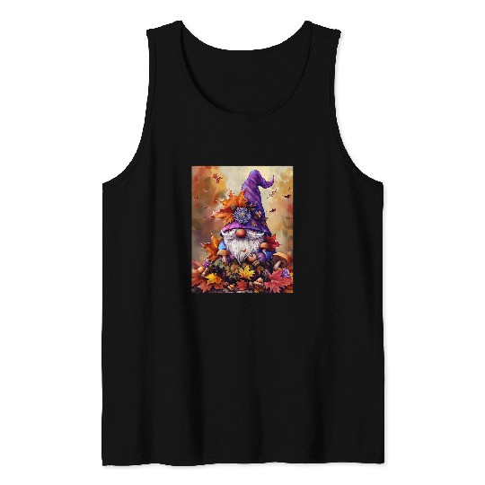 Harvest Gnome Falling Leaves and Mushrooms Purple Hat Tank Tops