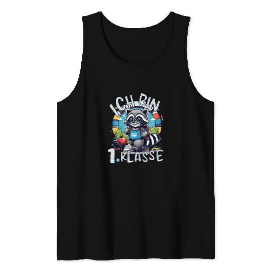 Kids Ich Bin 1st Klasse First School Day Raccoon Goes to School Tank Tops