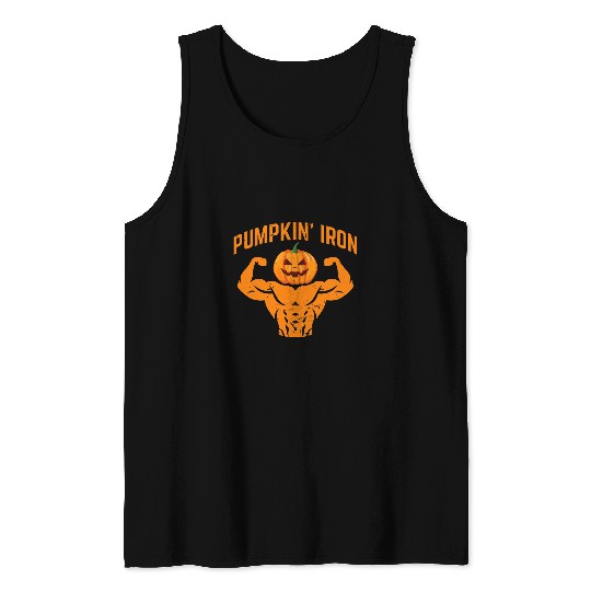 Mens Pumpkin Iron Halloween Gym Workout Weightlifting Costume 1 Tank Tops