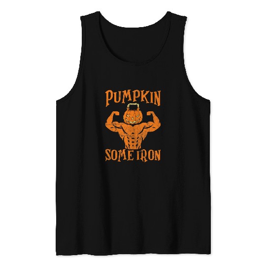 Mens Pumpkin Some Iron Funny Halloween Gym Workout Weightlifting Tank Tops