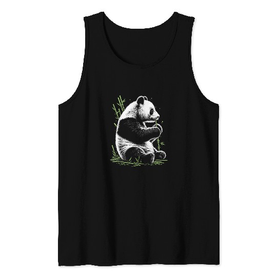 Cute Panda with Green Bamboo Drawing Style Tank Tops