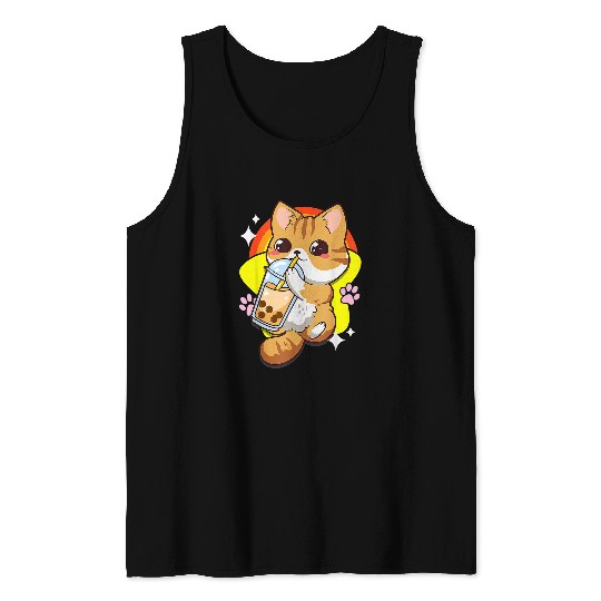 Cat Boba Bubbl Milk Tea Kawaii Anim Neko Cute Kitten Ears Tank Tops