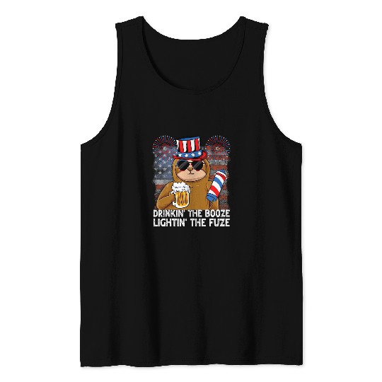 4th of July Drinkin The Booze Lightin The Fuze Sloth Beer Tank Tops