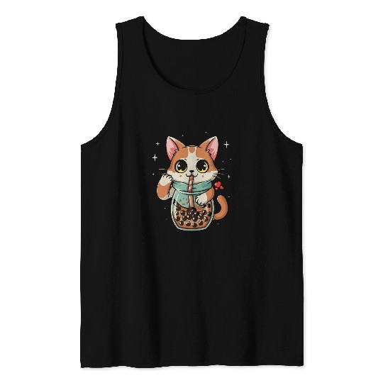 Cute Kawaii Cat Boba Bubble Milk Tea Anime Neko Kitten Women Tank Tops