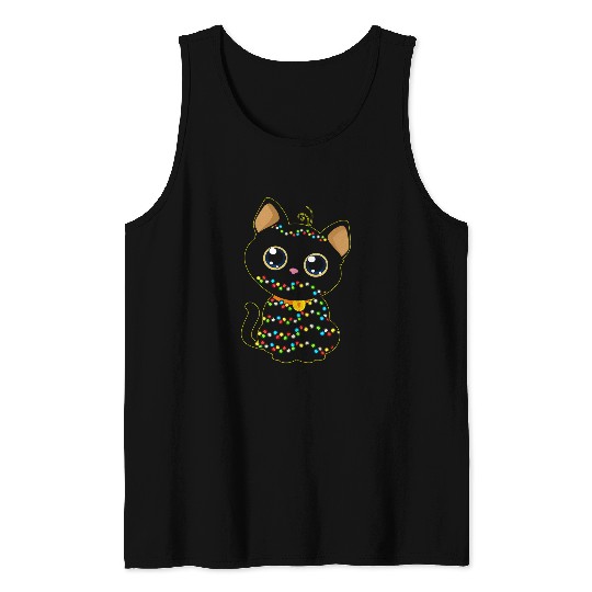 Cat Black Christmas Light Kitten Pose Position Cute Meowing Tank Tops