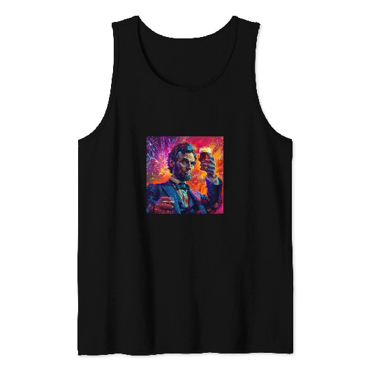 Abraham Lincoln Drinking Beer Funny USA American Flag July 4 11 Tank Tops