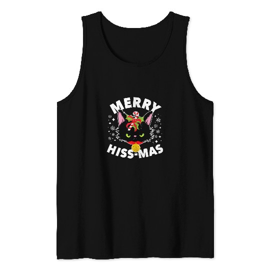 Angry Cat Merry Hiss Mas Pun Holly Black Cute Cats Christmas Tank Tops