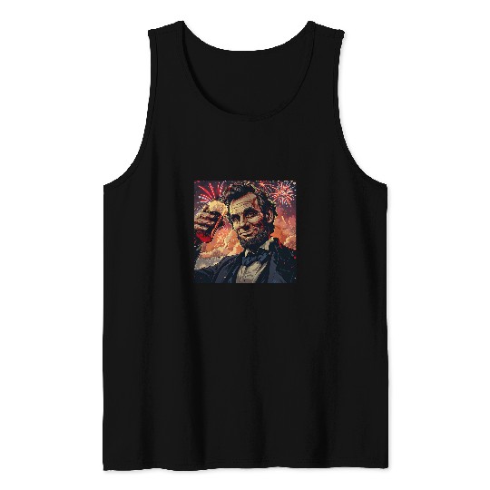 Abraham Lincoln Drinking Beer Funny USA American Flag July 4 13 Tank Tops