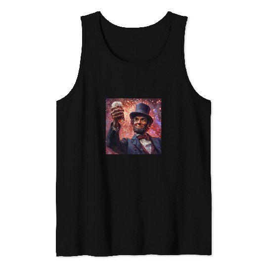 Abraham Lincoln Drinking Beer Funny USA American Flag July 4 18 Tank Tops