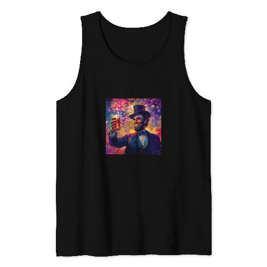 Abraham Lincoln Drinking Beer Funny USA American Flag July 4 Tank Tops