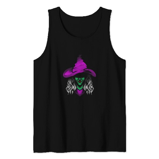 Evil Witch With Green Skin And Purple Hat For Tank Tops