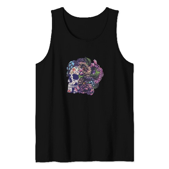 Halloween Sugar Skull And Flowers Tank Tops
