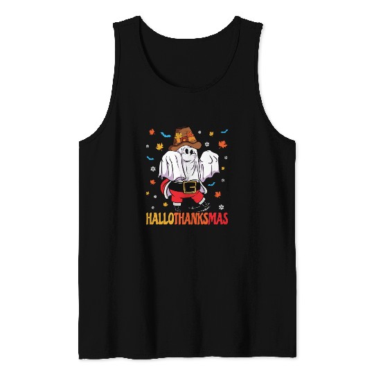 Happy Hallothanksmas Halloween Thanksgiving Santa Tank Tops