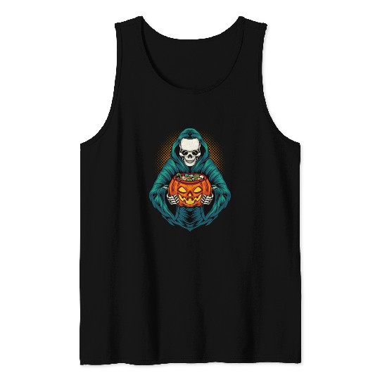 Grim Reaper With Scary Pumpkin - Halloween Tank Tops