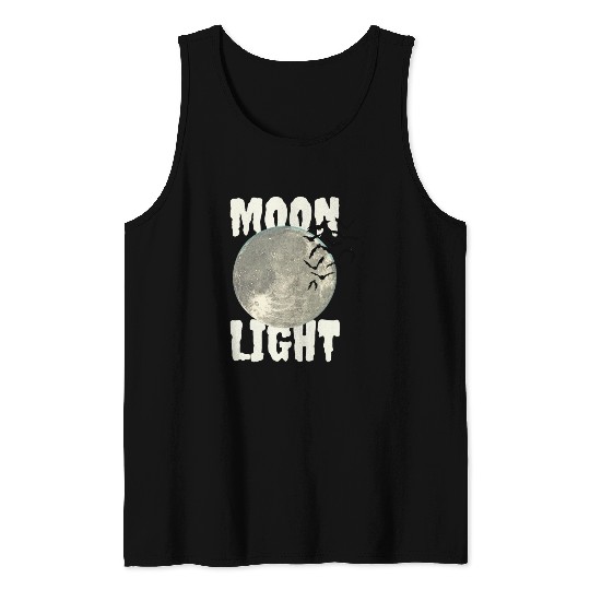 Dark Green Illustrated Moon Light Bat Tank Tops
