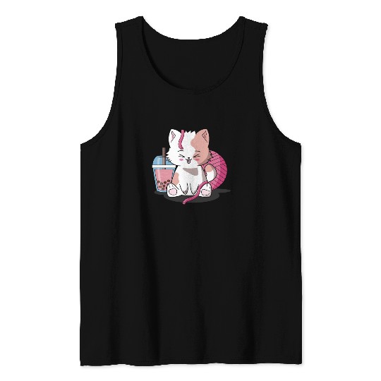 Chibi Boba Tea Cat Tank Tops